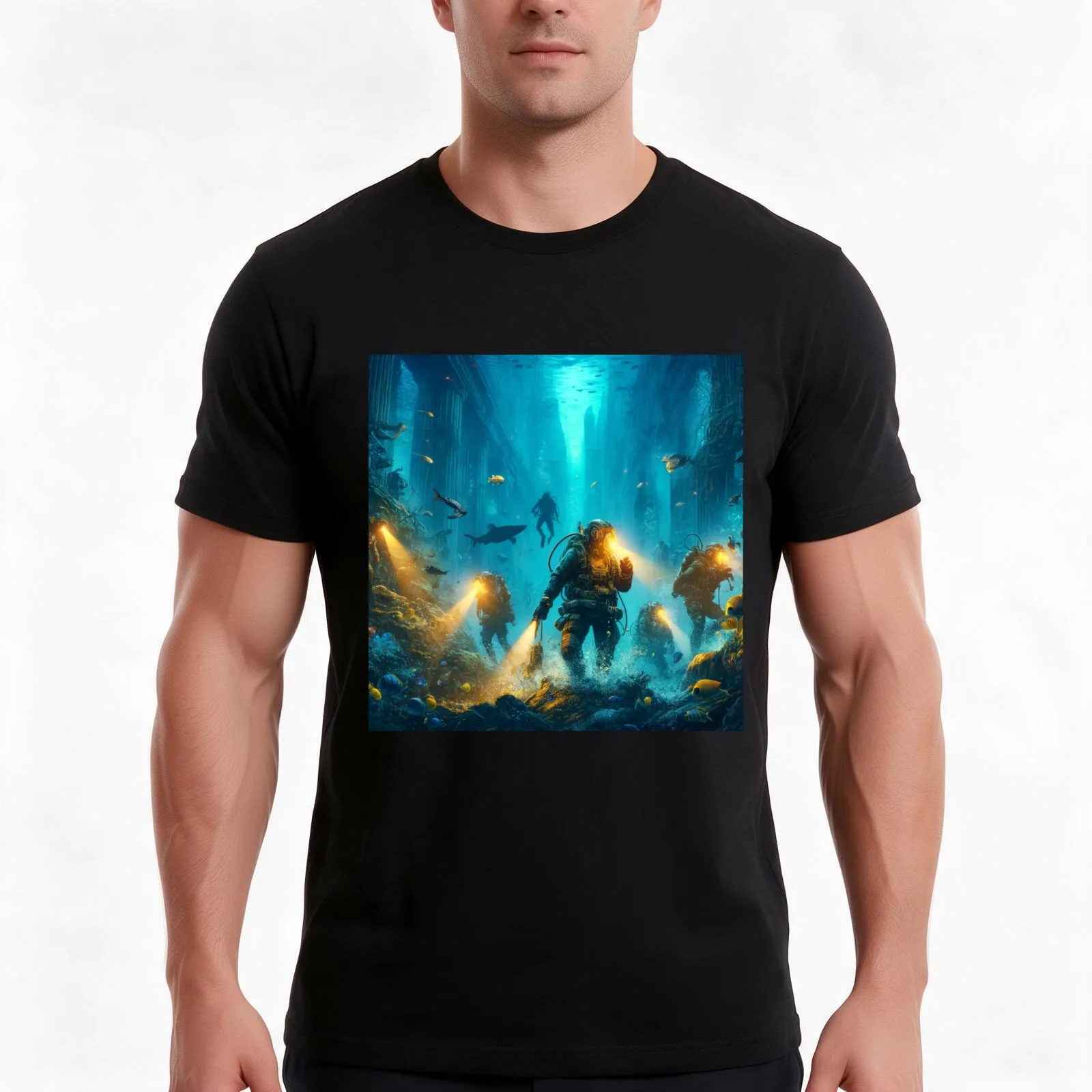 Scuba Divers Exploring Post Apocalyptical Underwater Cityscape T-Shirt, Summer Casual Cotton Tee, Oversized Streetwear Tops