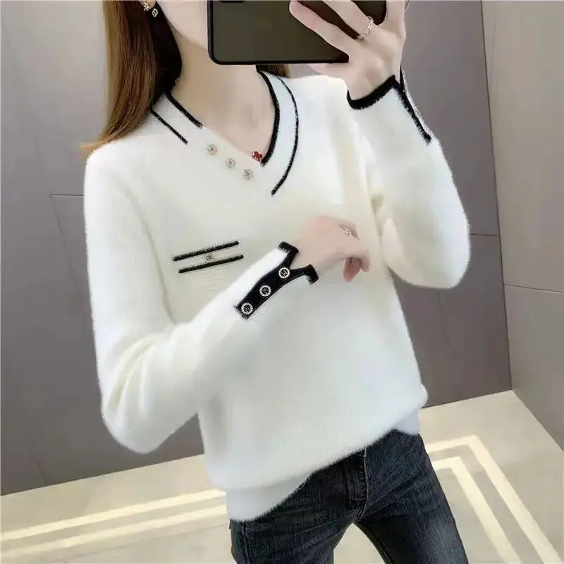 2023 Autumn Winter Women\'s Korean Fashion Plush Thick Chic Knitted Sweater Casual V Neck Long Sleeve Loose Pullover Tops Jumpers