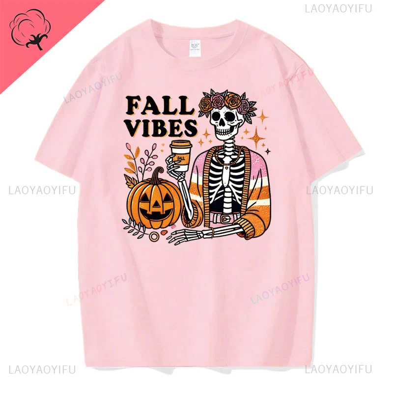 Fall Vibes Skull Pumpkin Lamp Graphics Hallowmas Cotton T Shirt Casual Streetwear Short Sleeve Tshirt Hipster Breathe Women Tees