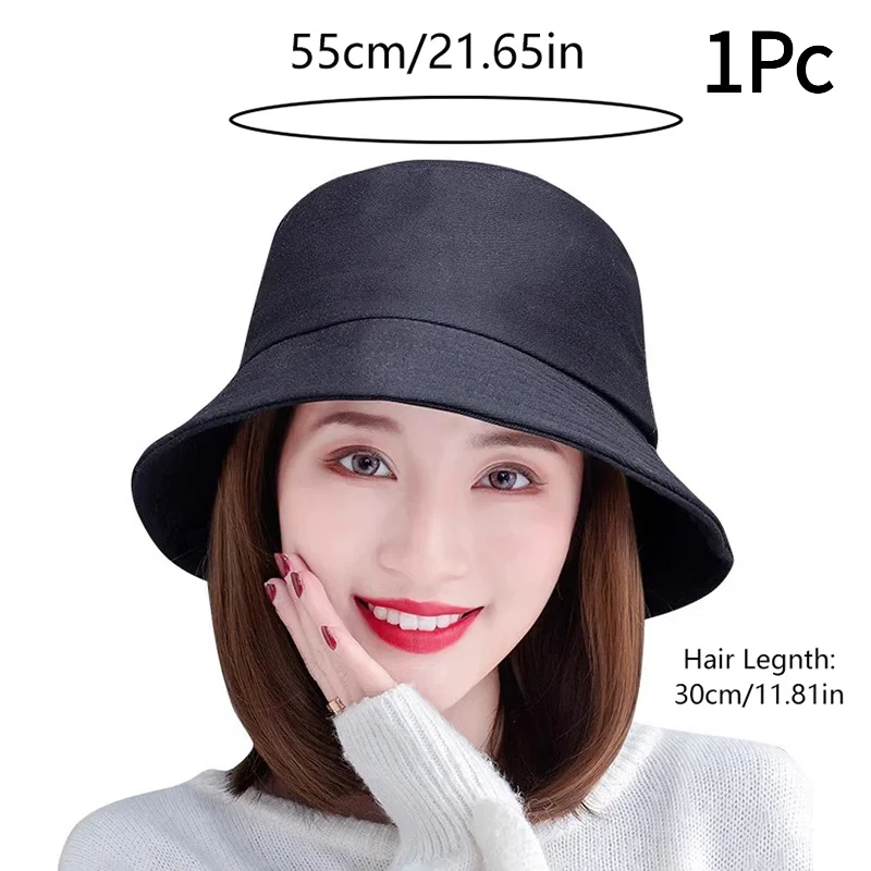 1Pc Bucket Hat Synthetic With Hair Cap Fashion Short Straight Bob Fall Autumn Hat Wigs For Women Clip On Hair Extensions