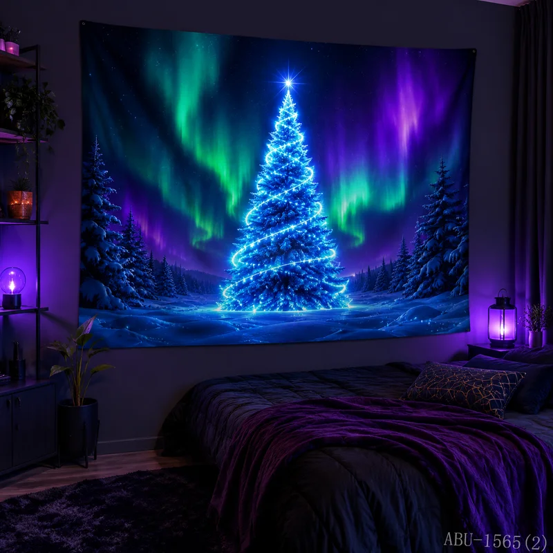 VIKAMA Aurora Spiral Christmas Tree Snowfield Pine Forest Christmas Tapestry Background Hanging Cloth Living Room Room Decor
