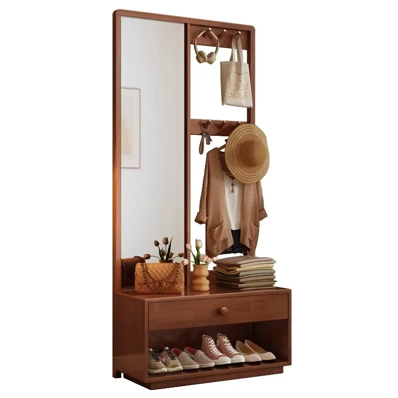 Solid wood coat rack Floor-to-ceiling bedroom Home shoe changing stool Full-length mirror Hanging hanger Integrated home multi-f