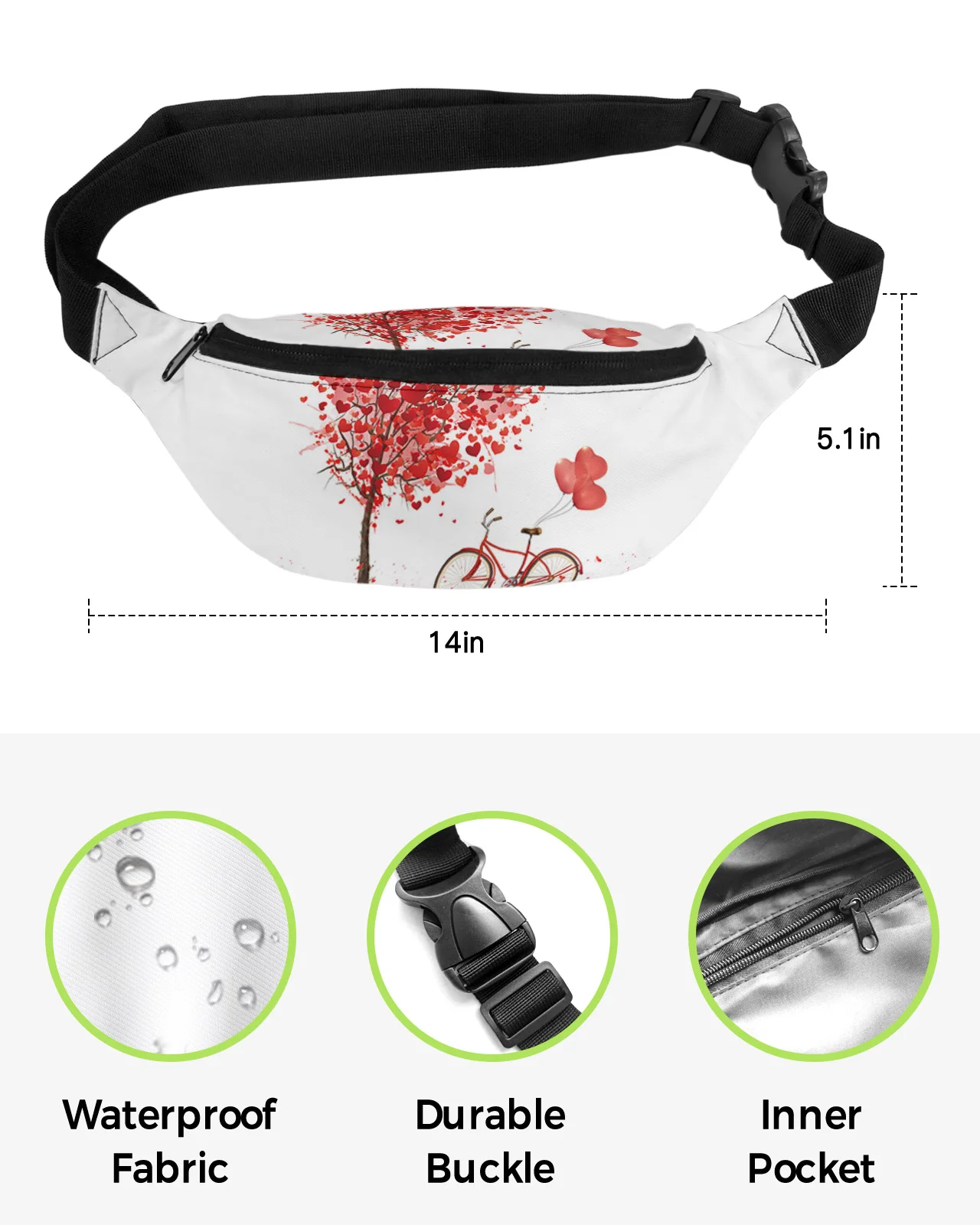 Valentine Love Tree Bicycle Waist Bag Women Men Belt Bags Large Capacity Waist Pack Unisex Crossbody Chest Bag