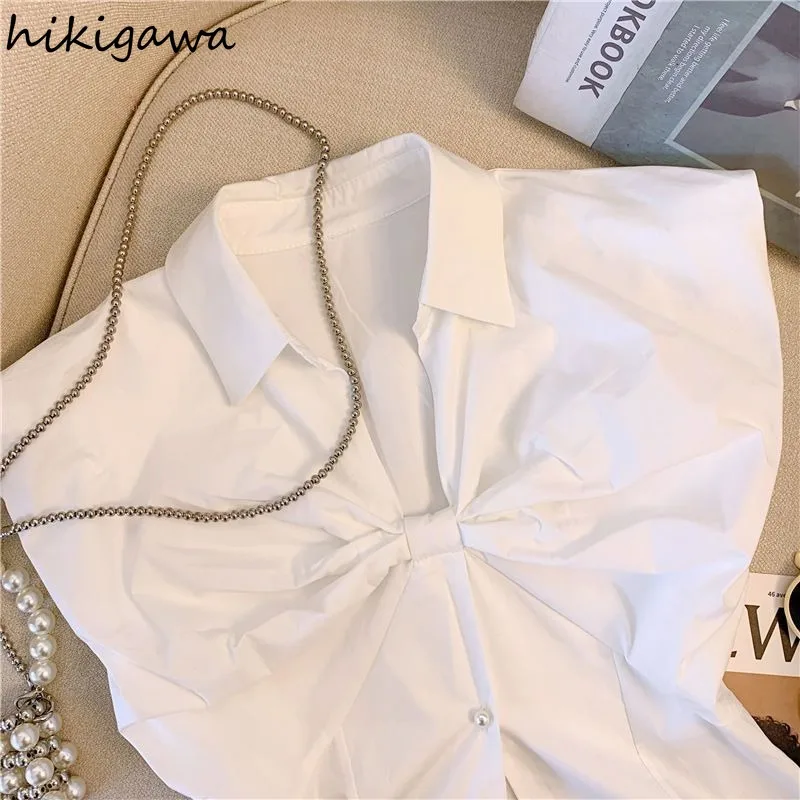 Camises De Mujer 2024 White Blouses for Women\'s Sleeveless Tunic V-neck Bow Crop Tops Korean Temperament Summer Blouse Shirts