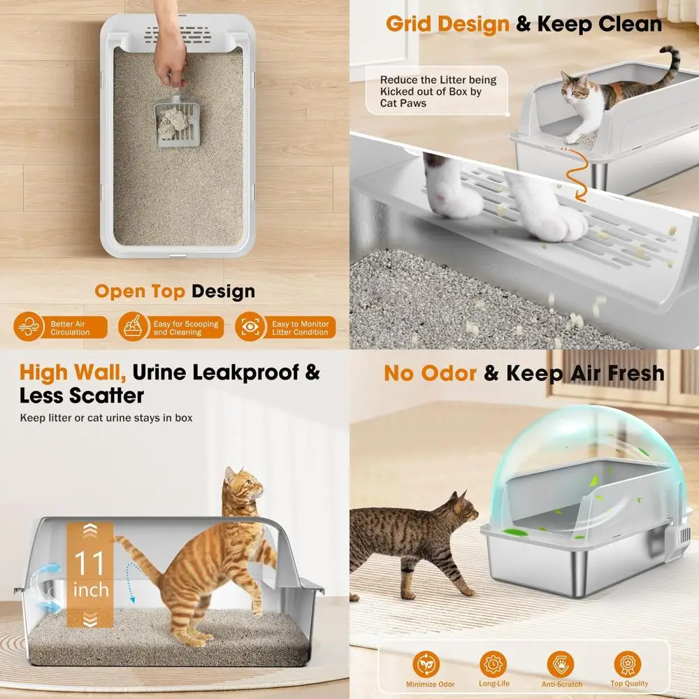 

Extra Large Stainless Steel Cat Litter Box with Lid, High Sides for Big Cats, Leak-Proof, Non-Stick, Scoop Included