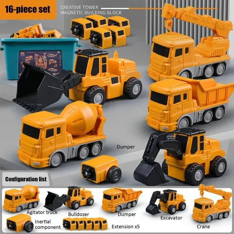 Magnetic Deformation Robot Engineering Car Excavator Mixer Truck Children's Multi-functional Combination Transform Robot Toy