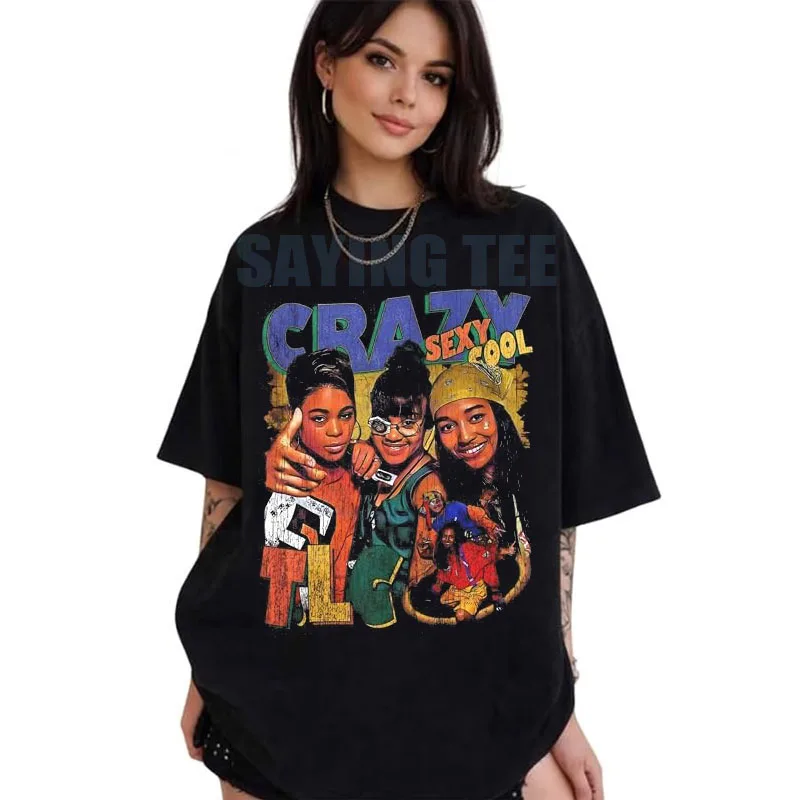 Damen Vintage TLC Musik Mode Kurzarm T-Shirt Y2k Persönlichkeit R&B Rock Musik Konzert Streetwear Kleidung Freizeitoutfit – Detail 3