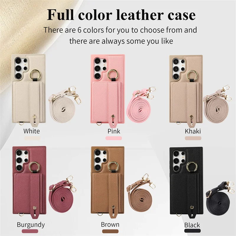 

Fashion Long Hanging Rope Lychee Texture Leather Wallet Card Case For Samsung S22 S23 24 Ultra Plus Bracket Wrist Strap Cover