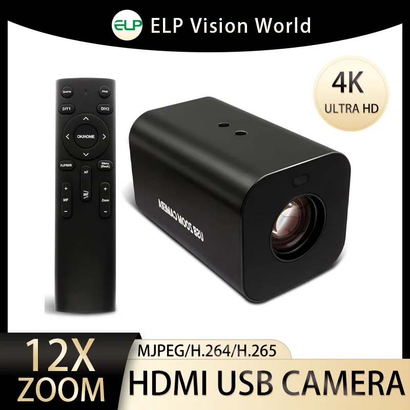 ELP 4K HDMI USB Camera 12X Zoom PC Webcam Autofocus Infrared Remote Control H.265 Web Camera for Video Conference/Live Streaming