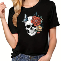 Skull Graphic Round Neck Sports T-shirt Short Sleeve Workout Top Women's Vintage Short Sleeve Casual Clothing Street Woman Tops