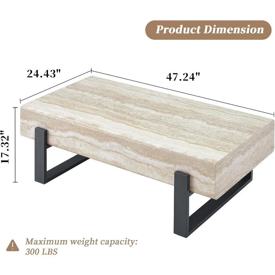 Living room office coffee table: wood tabletop with light travertine finish, 47.24 rectangle shape, 7.8 thick, metal legs, roun
