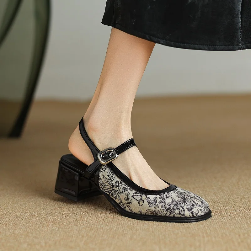 Summer Shoes Woman Square Toe Slingbacks Sandals Dress Prom Pumps 5 CM Chinese Style Elegant Pumps Size 32-44