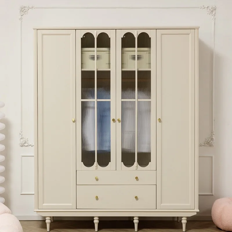 French cream style wardrobe four-door bedroom furniture all solid wood American glass door wardrobe white