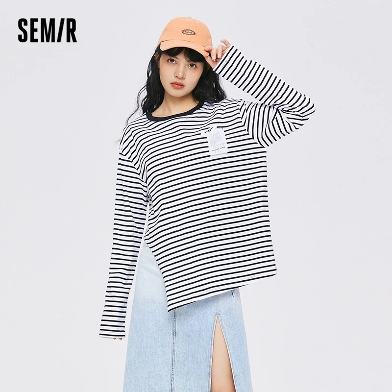 Semir Long Sleeve T-Shirt Women Cotton Round Neck Loose Personality 2022 Autumn New Design Asymmetric Pullover T Shirt