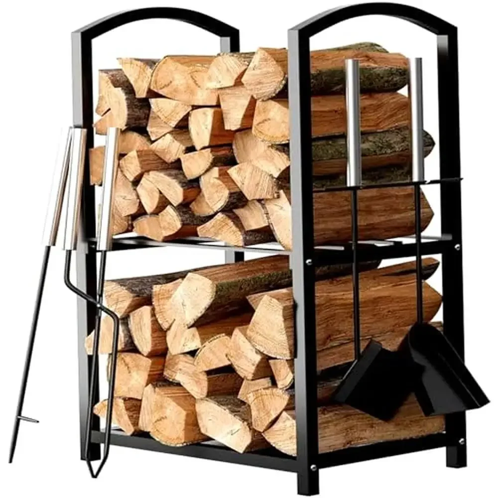 Soporte de almacenamiento para estante de leña con juego de herramientas para chimenea, diseño de 2 niveles, tubo de acero negro, organizador de troncos impermeable, cepillo, pinzas para pala