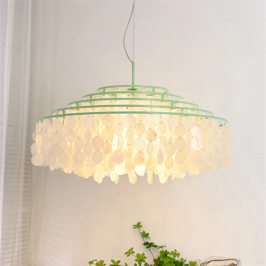 Green Mediterranean shell pendant lights bedroom dining room chimes princess cream kids lamp french decoration LED hanging light