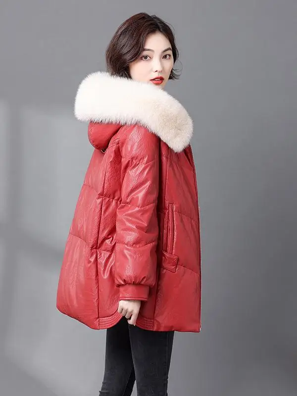 Haining Genuine Leather down Jaet Women's ort Sle Thiened Winter Coat eepskin  Fur Coat Zipper Closure Long Sve