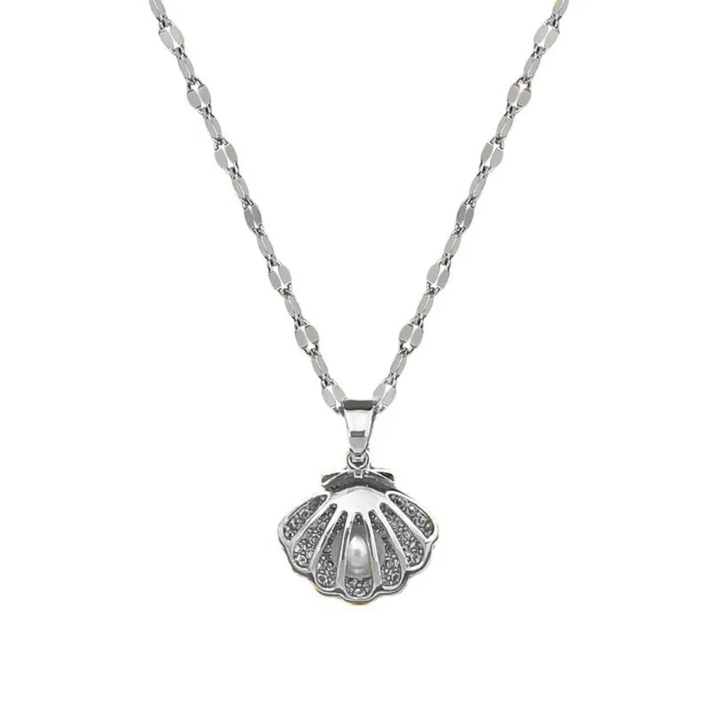 Trendy Romantic Stainless Steel Hollowed Openable Shell Imitation Pearl Pendant Necklace for Women Exquisite Party Jewelry Gifts