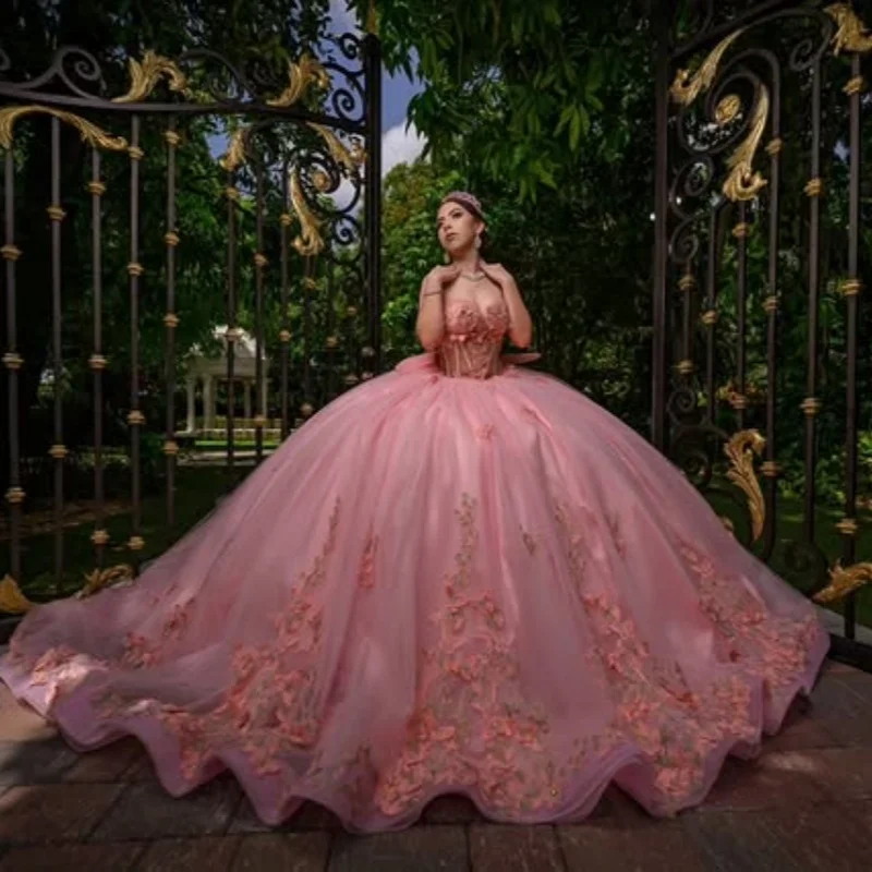 

Customized Peach Quinceanera Dresses Off the Shoulder Lace applique crystal Ruffle Tull Big Bow Vestido De 15 Quinceanera