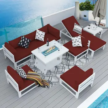 NICESOUL ® 9-piece aluminum patio furniture set with fire pit table Burgundy olefin mat, backyard segmented sofa, 2 mats