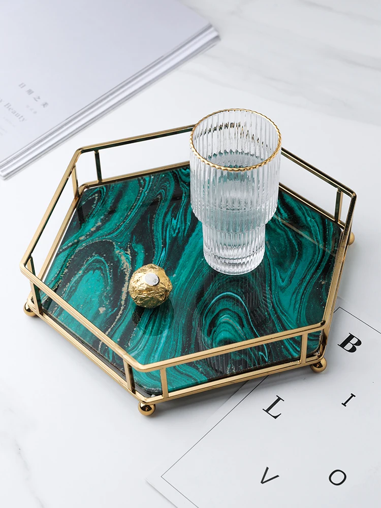 

Agate Storage Tray Hexagonal Glass Jewelry Cosmetics Aromatherapy Food Box Metal Hollow Tea Dessert Display Stand