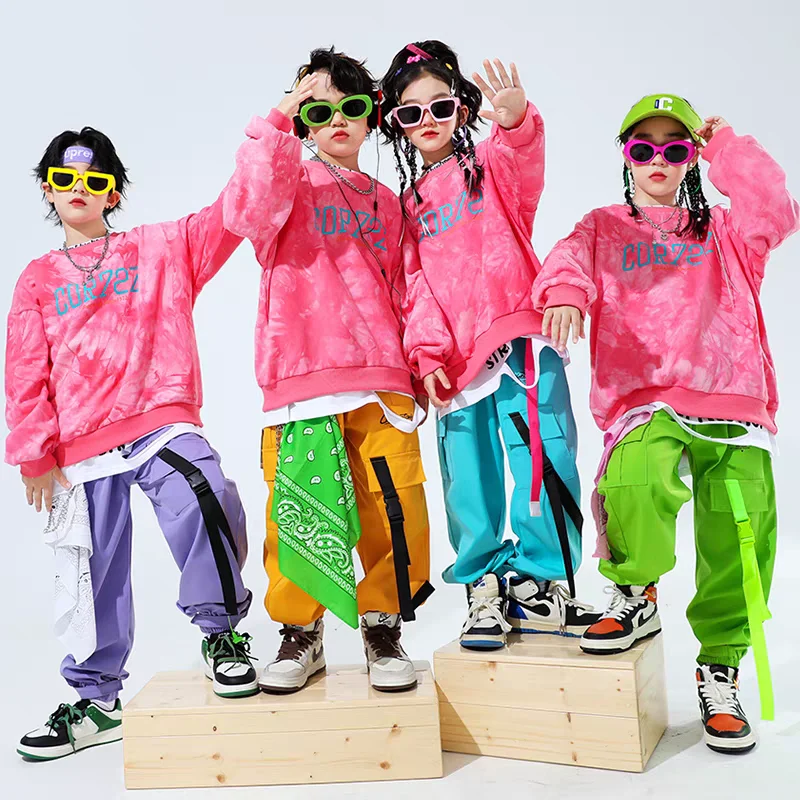Mädchen Rosa Hip Hop Tie Dye Sweatshirt Street Dance Cargo Hosen Jungen Streetwear Kleidung Set Gruppe Jazz Bühne Leistung Kostüm