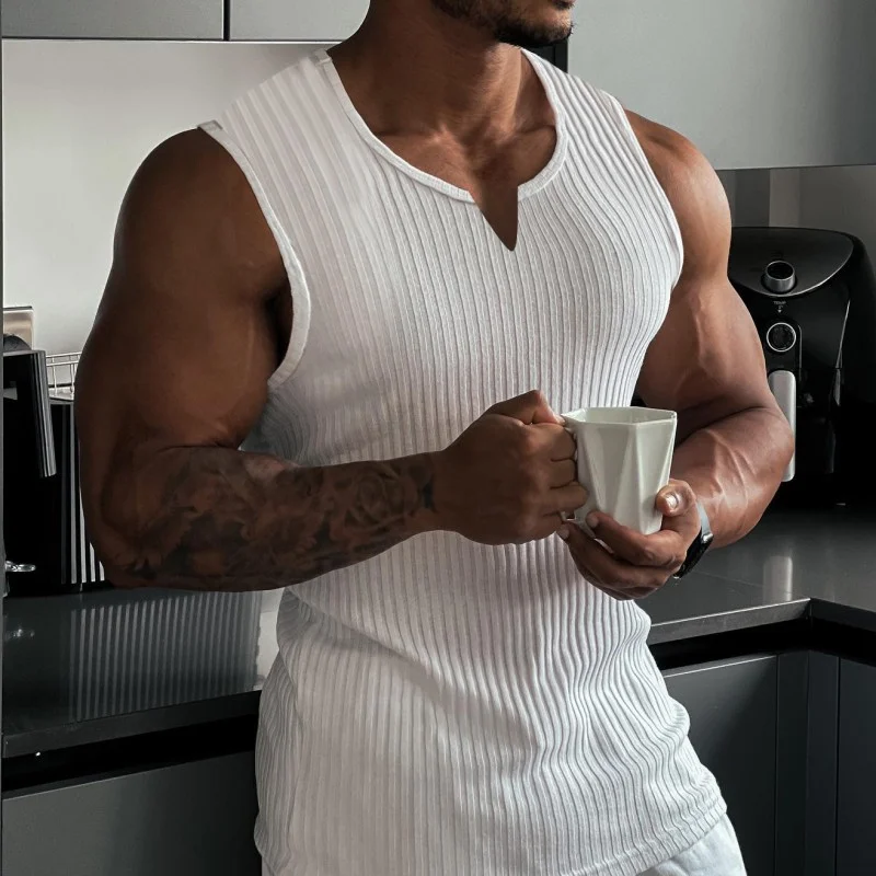 2023 Summer new men V-neck Vest stripe gym Tank top Men Fitness sleeveless shirt Sports Undershirt Gyms clothing Training vest