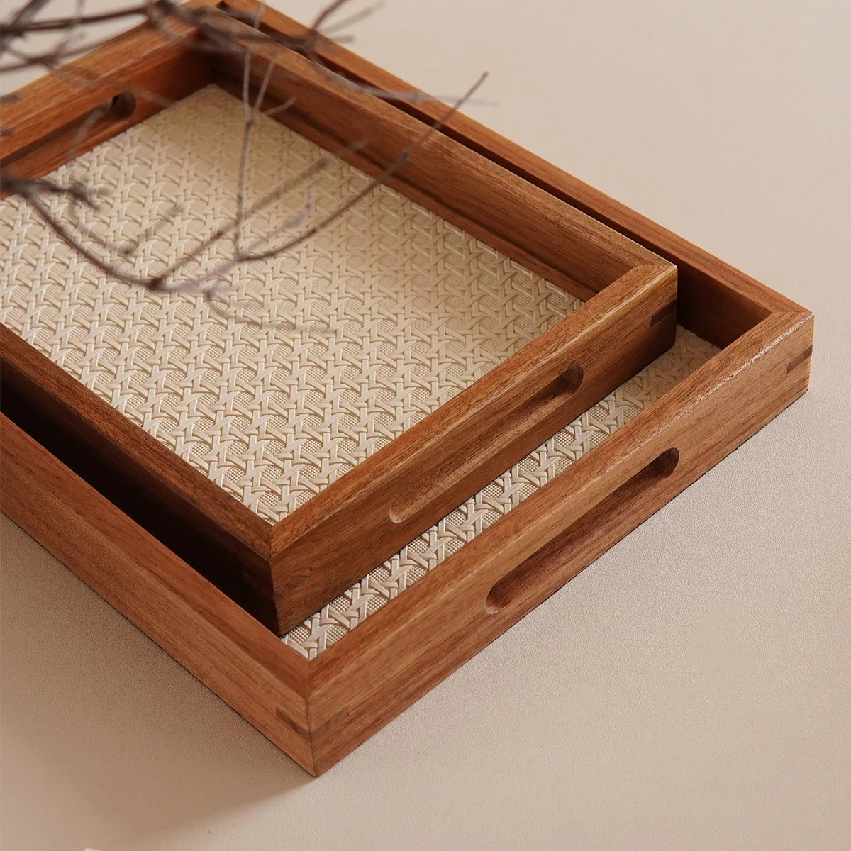 1Pc Bamboo Woven Pattern Leather Tray, Acacia Wood Tray, Dressing Table Decorative Tray, Aromatherapy Ring Jewelry Tray, Suitable for Home Decoration, Living Room Storage Tray, Gift Giving, Photography Props