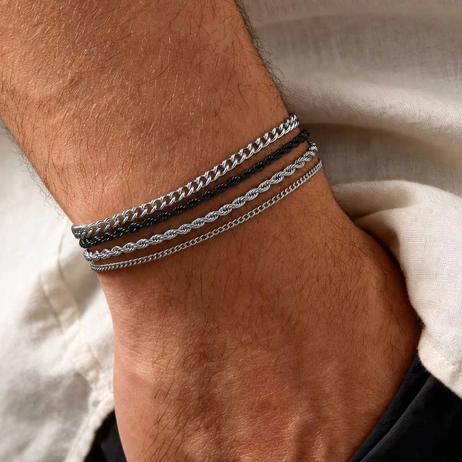 4 Stück Edelstahl-Kettenarmbänder für Männer, Silberfarbenes Gedrehtes Seilketten-Armband, Hip-Hop Minimalistischer Schmuck für Ihn Papa – Detail 3