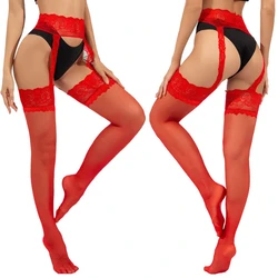 Women's High Waist Hosiery Lingerie Sexy Thigh High Tights Garter Belt Stocking Suspender Pantyhose Red White Lace Crotchless