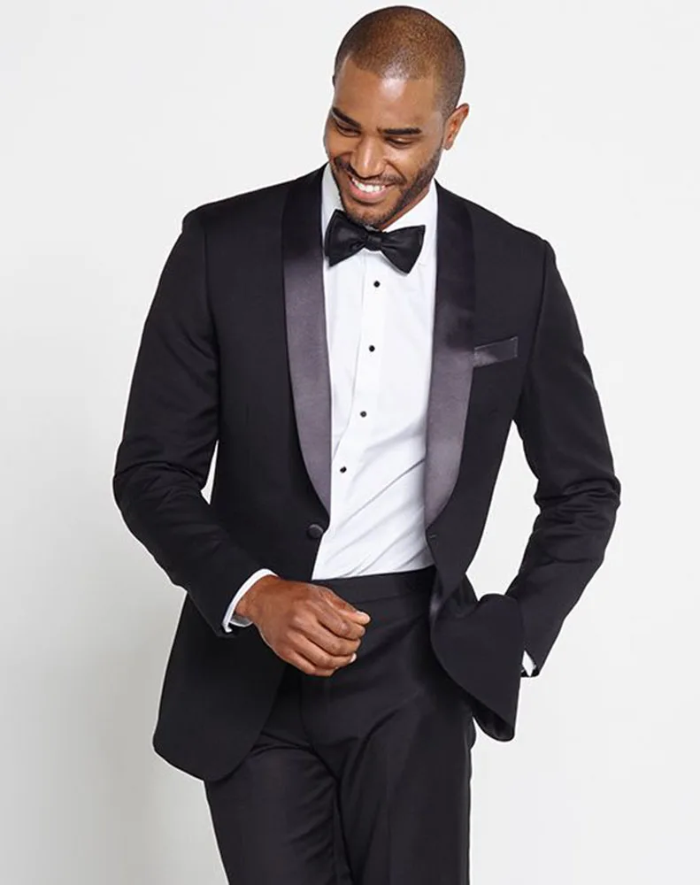 Black Men\'s 2-Piece Wedding Suits One Button Shawl Lapel Suit Blazer Business Wedding Party Jacket & Trousers