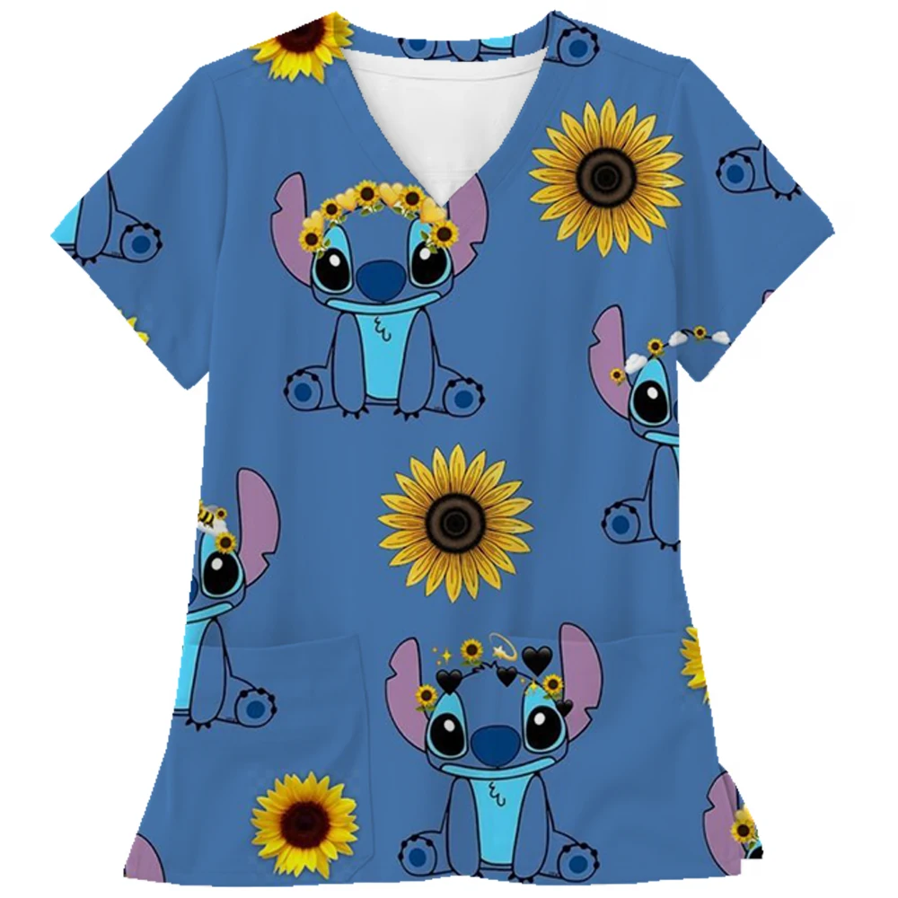 Disney Stitch พิมพ์ขัดผู้หญิงผ้ากันเปื้อนครูขัดเครื่องแบบ Pet Grooming พยาบาลสปา Caring เสื้อ uniformes de enfermería pa