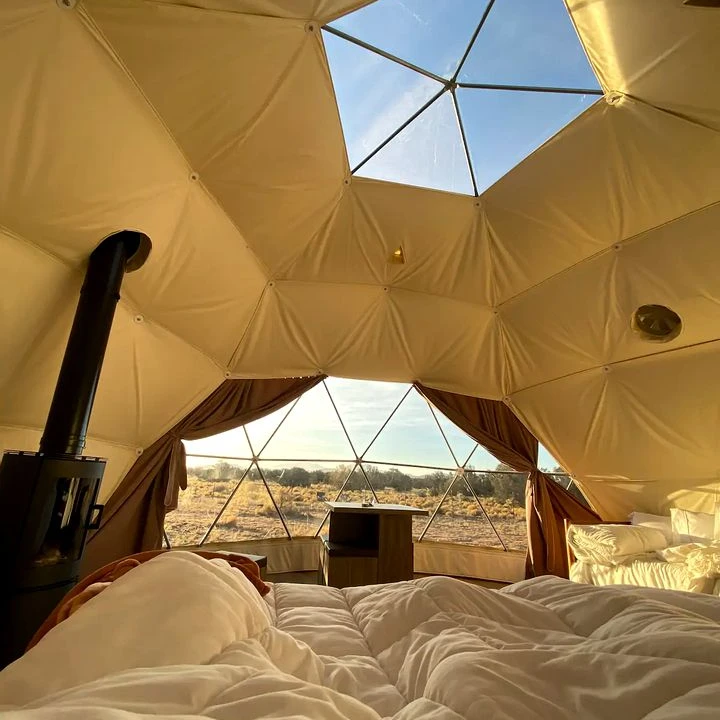 5-12m Fire Retardant Waterproof Geodesic Dome Tent Igloo Glamping with Bathroom Stove and Wood Deck for Glamping Sites