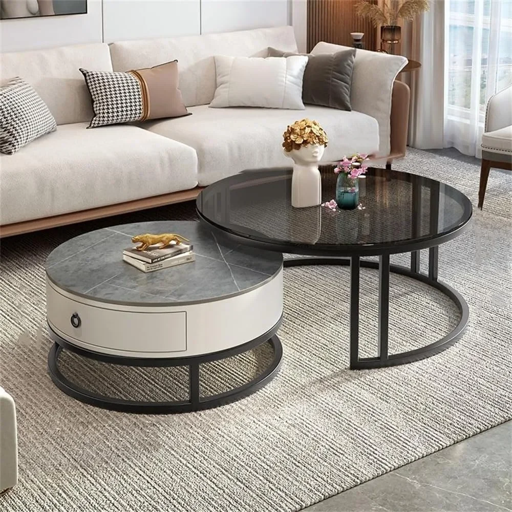 

Coffee Table Set of 2, Round Center Tables with Storage Drawer Glass Slate Stone Side Table