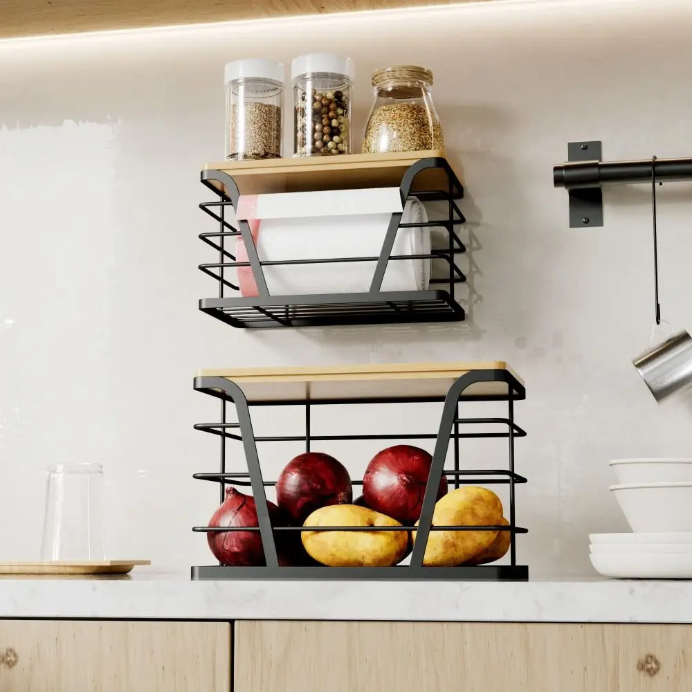 

2 PCS Bamboo Top Storage Organizers Multi Purpose Small and Large Garbage Bag Dispenser Easy to Install Kitchen Organizers