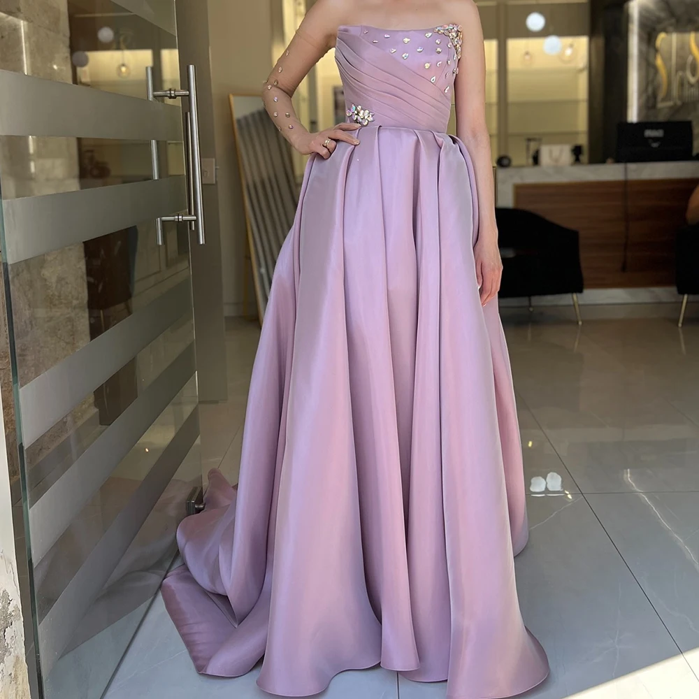 

Exquisite Satin A-Line Crystal Evening Dress Delicate Floor Length Strapless Sleeveless فساتين سهره نسائيه فخمة