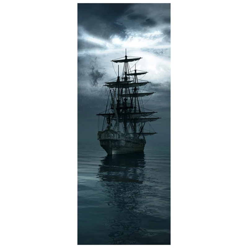 

Dawn Sea View Door Stickers Sailboat on Ocean Vinyl Mural Home Office Decoration for Room 3D Wall Art Scenery Poster Wallpaper