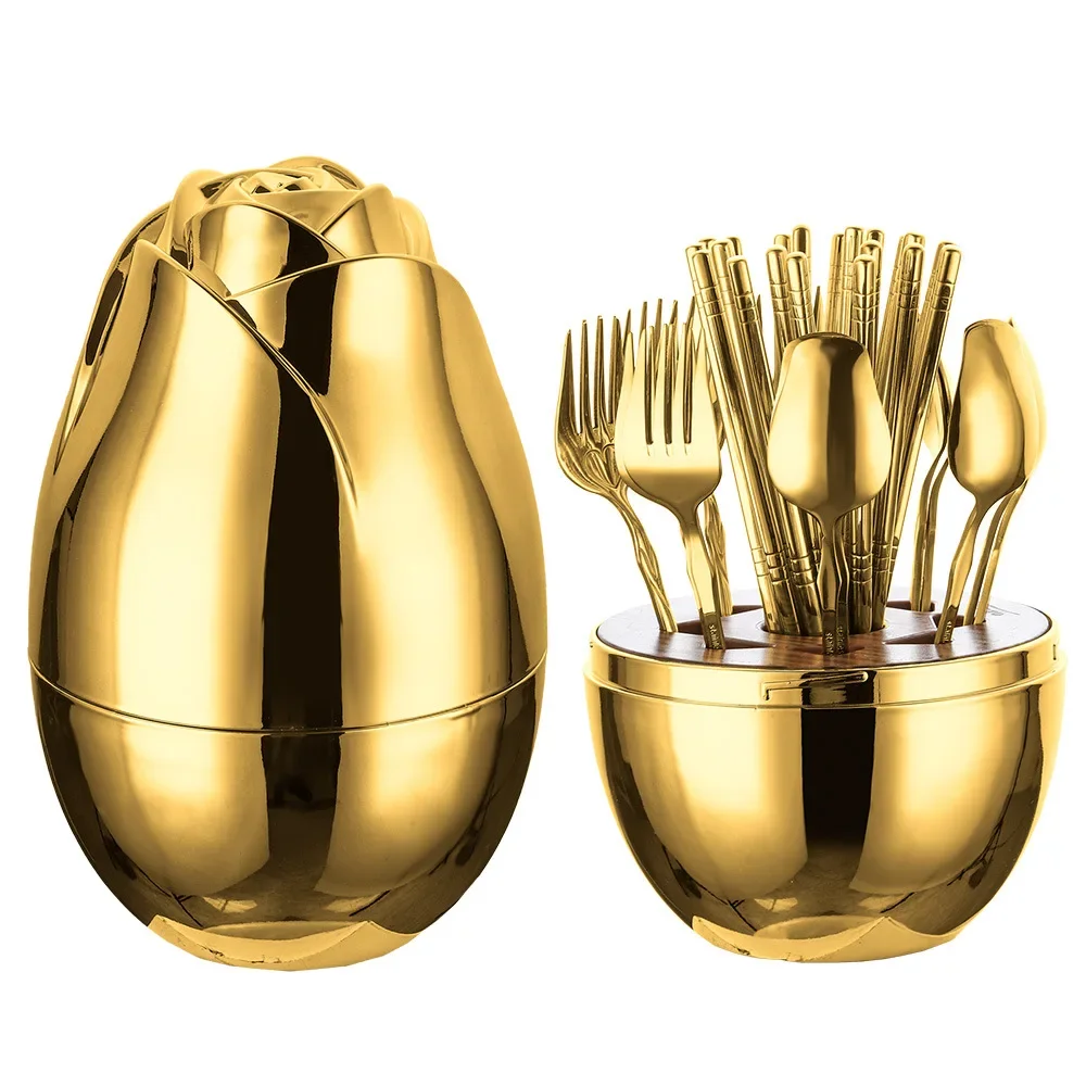 Stainless steel western tableware rose egg fork spoon chopsticks 24-piece set home hotel restaurant gift box set