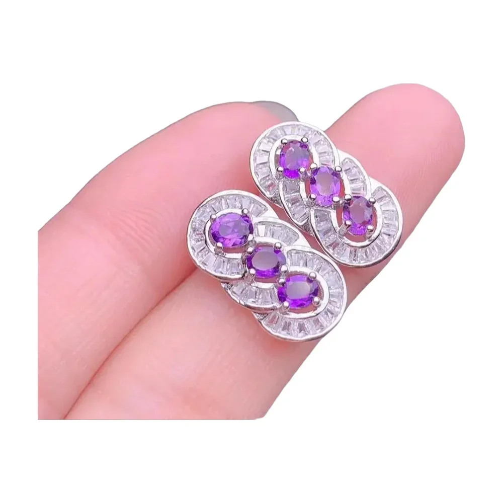 

KJJEAXCMY-925 Sterling Silver Earrings for Women, Inlaid Amethyst Fashion Gemstone, Boutique Jewelry