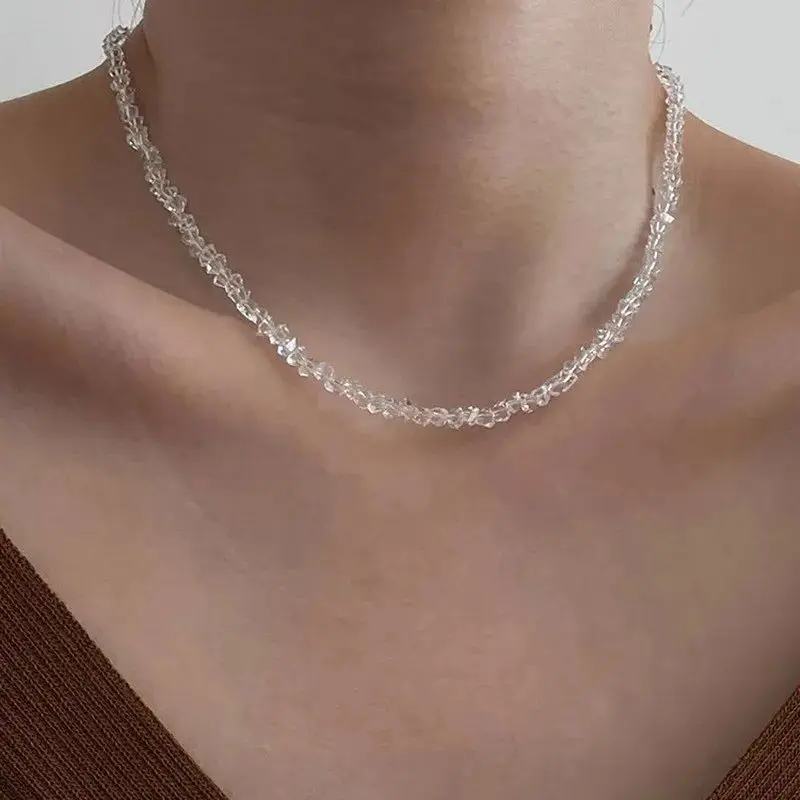 Mulit-cut Glass Crystal Irregular Beaded Choker Necklace for Women Transparent Vintage Korean Collarbone Collar Neck Jewelry