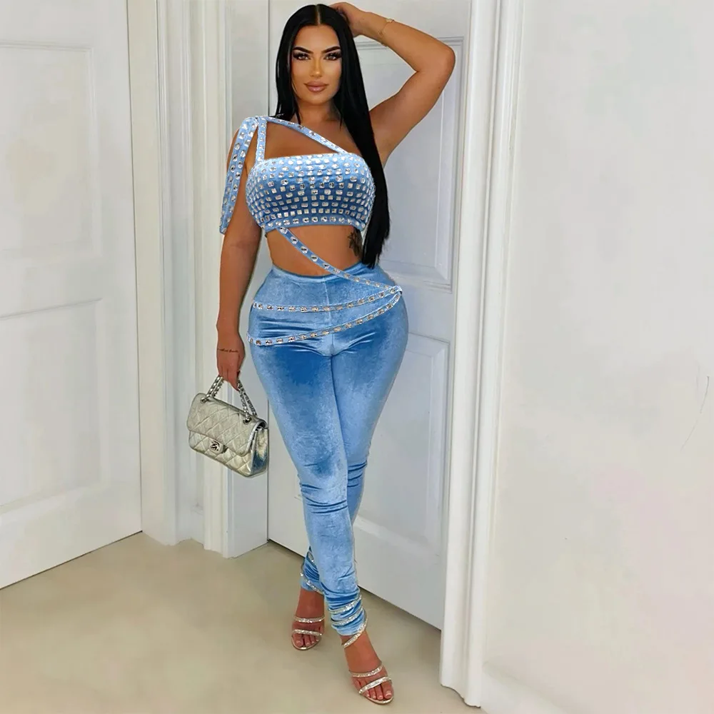 Rhinestone Velvet 2 Piece Pant Set Outfits 2024 Women Fall Luxury Clothing Bodycon Elegant Sexy Crop Tops Two Piece Pant Sets