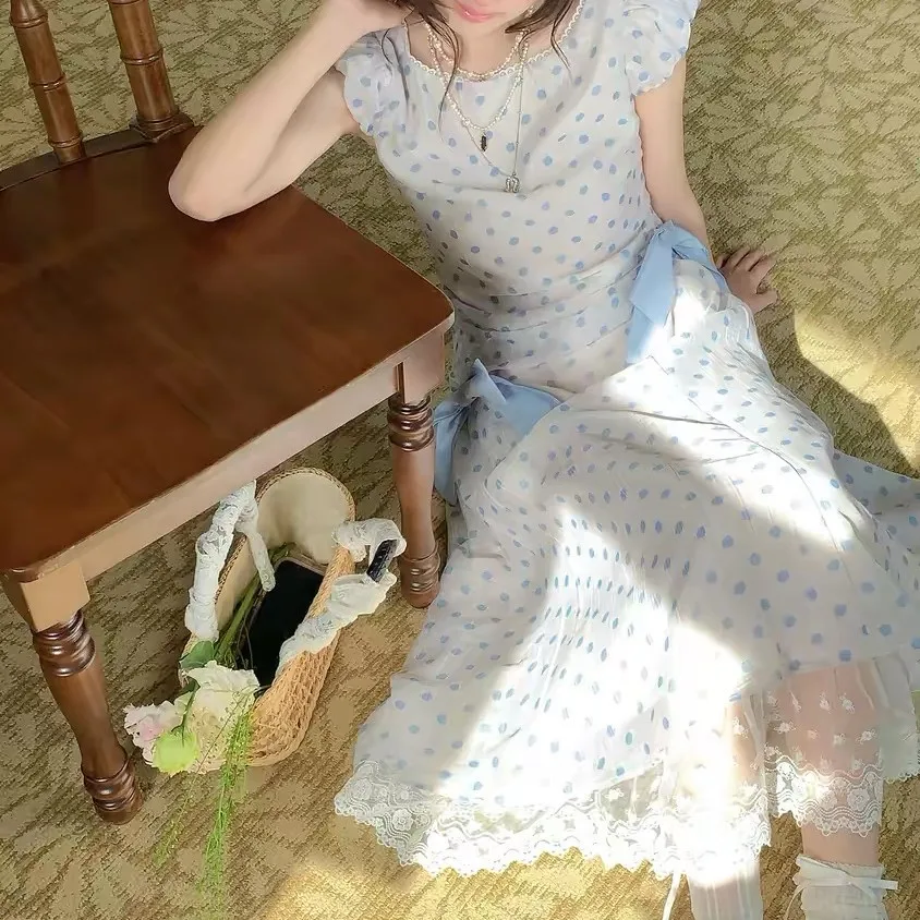 White Blue Polka Dot Sleeveless Midi Dress Women Side Drawstring Big Bow Double Layer Lace Hem Sweet Sundress