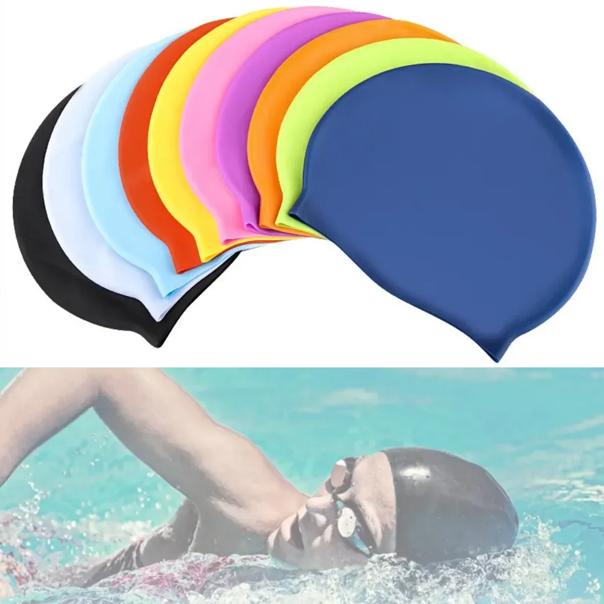 Pure Color Swimming Caps Men Women Universal Long Hair Ear Protection Swim Cap Large Size Silicone Swimming Cap Pool Accessories