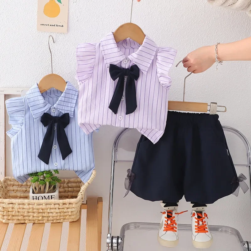 

New Summer Fashion Baby Girls Clothes Suit Children Vest Shorts 2Pcs/Set Infant Clothing Toddler Striped Costume Kids Tracksuits