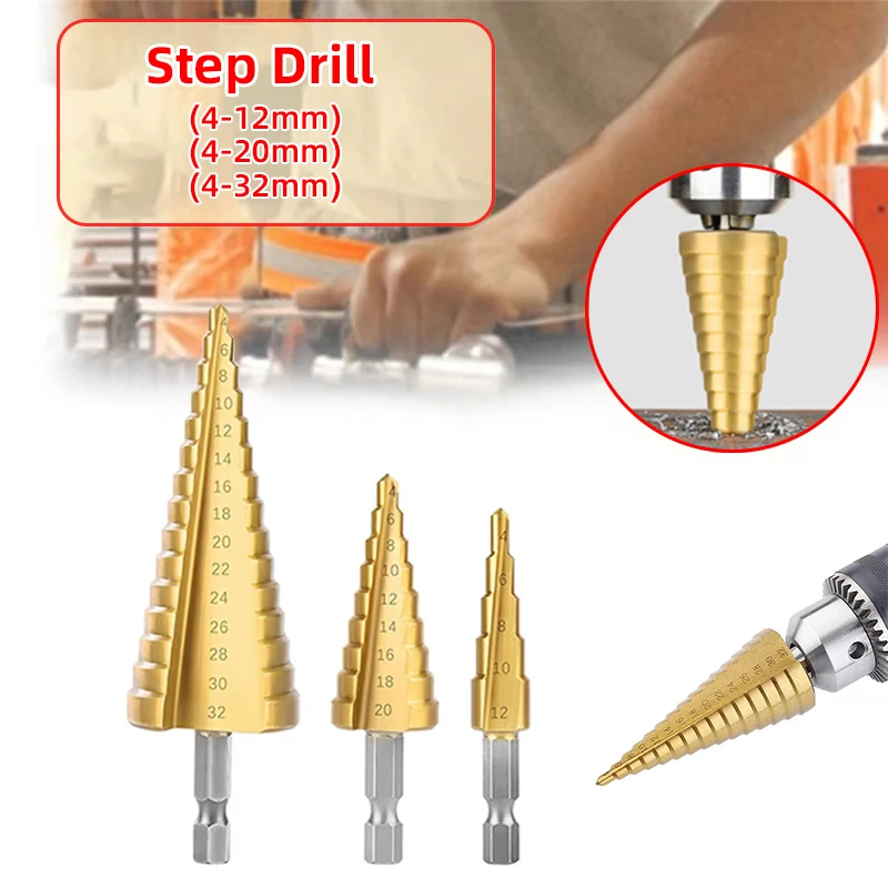 

Obelix 4-12mm 4-20mm 4-32mm Hss Steel Titanium Coated Step Drill Bits Step Cone Power Tools Steel Wood Metal Drilling Cone Drill