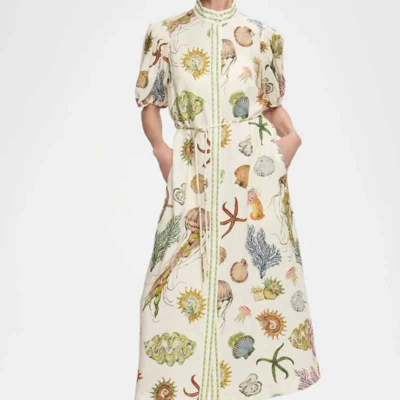 

2025 New Custom Linen Print Casual Bubble Sleeve Dress Women