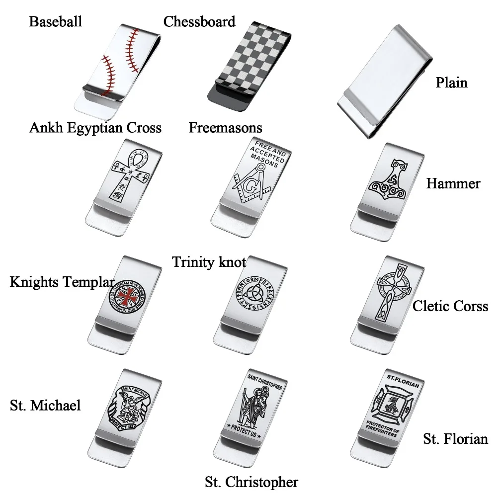 ChainsPro Men Miltiple Design Money Clips for Man Baseball Celtic Viking Michael Chessbord Ankh Stainless Steel Accessory
