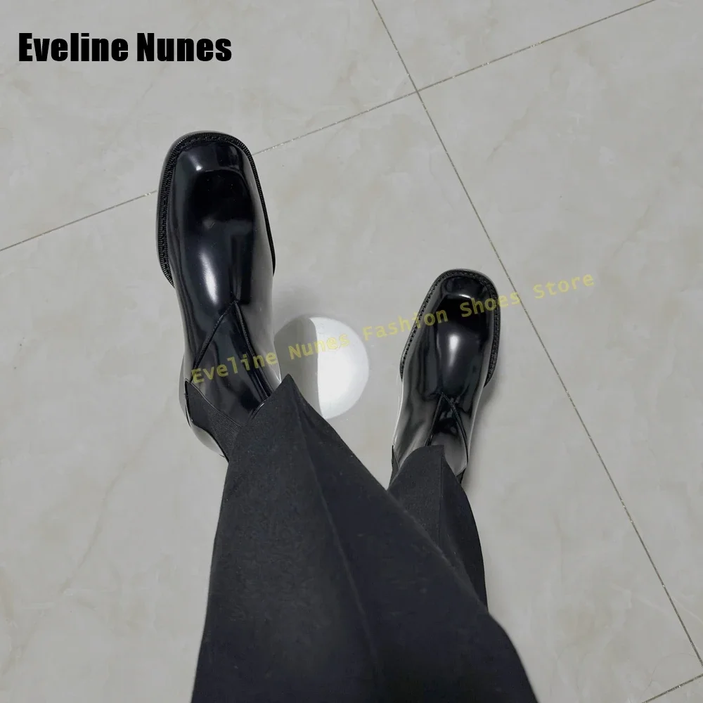 Dedo do pé quadrado retro chelsea botas de couro patente preto retalhos puxar no tornozelo masculino punk legal escuro bota 2025 novo estilo sapato casual