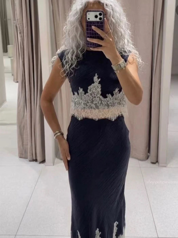 New Women 2 Piece Set Lace Patchwork Solid Slim Bodycon Street Style Sleeveless Tops And Midi Skirts Female Elegant Chic Suit image 6