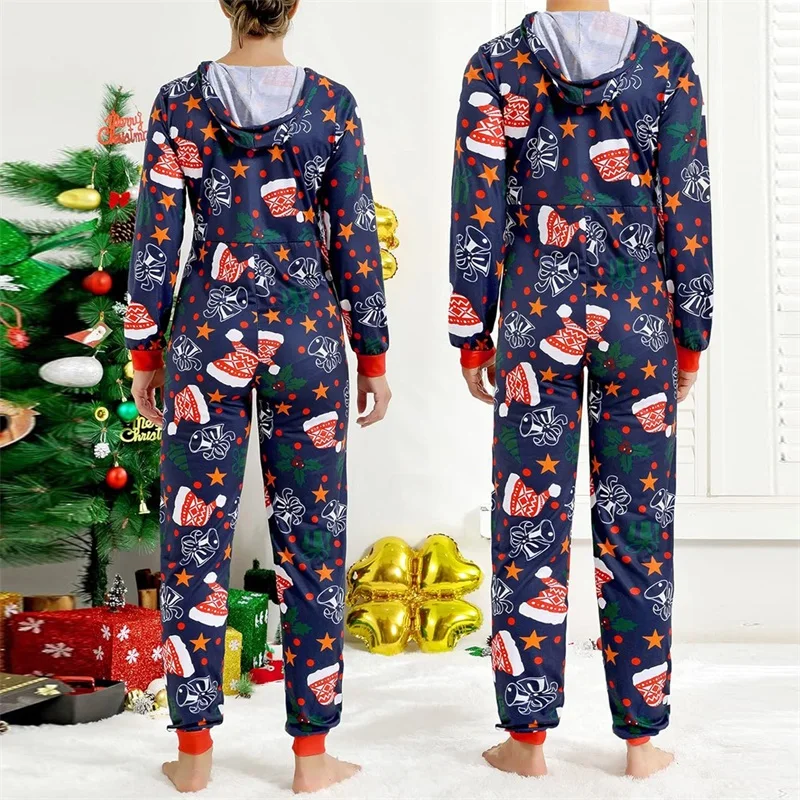 Christmas Pajama Set for Couples Cute Print Hooded Zipper 1 Piece Rompers Loungewear Sleepwear Family Holiday Homewear